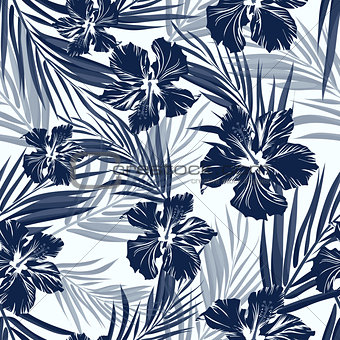 Tropical seamless monochrome blue indigo camouflage background with leaves and flowers