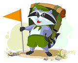 Scout raccoon with backpack goes camping. Summer Camping