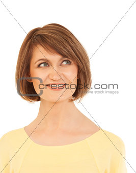 Elegant adult woman looking up and smiling