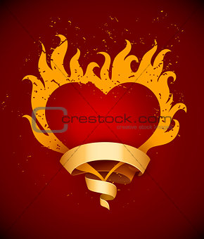 Burning heart with fire flames and ribbon