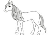 Charming cartoon horse with long golden mane and tail, coloring book page