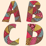 Vintage monograms collection with letters A, B, C and D. Doodle colorful alphabet characters