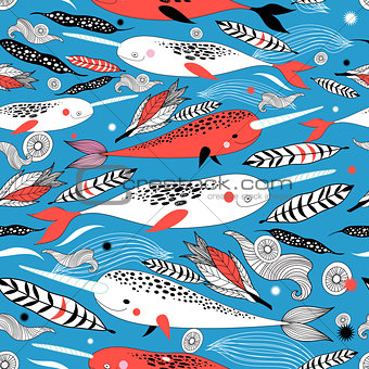 Marine seamless graphic pattern with different white whale