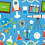 Flat Seamless Pattern Science and Education Objects over Blue