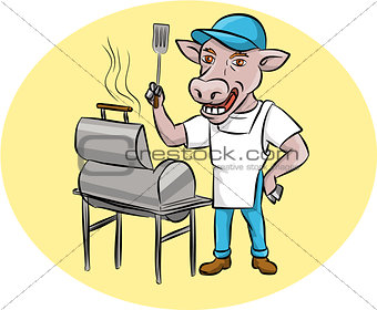 Cow Barbecue Chef Smoker Oval Cartoon