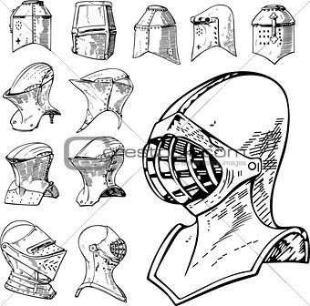 Set of Heraldic and Knight Helmets