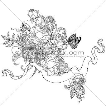 Hand drawing heraldic cartouche. Black and white. Flower mandala.