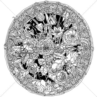 Hand drawing zentangle element. Black and white. Flower mandala.
