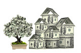 Three houses from dollars banknotes and money tree