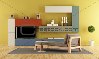Contemporary Living room with colorful wall unit 