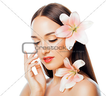 young attractive lady close up with hands on face isolated flower lily brunette spa nude makeup
