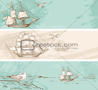 Vintage banners with sailing ships