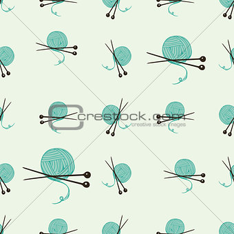 Seamless pattern with yarn ball and knitting needles.