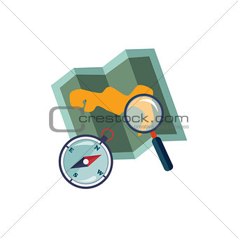 Map, Compass And Magnifying Glass