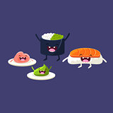 Sushi Salmon And  Cartoon Friends