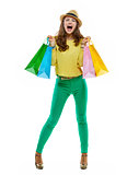 Woman in hat and bright clothes with shopping bag rejoicing