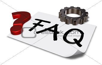 the word faq on paper sheet and gear wheel - 3d rendering
