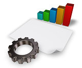 3d rendering of gear wheel, business graph and blank paper sheet
