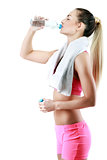 young woman drinking water, on white background