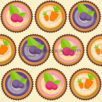 Sweet Cakes with Berry and Carrot Seamless Pattern Background