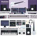 Musician workspace with musical instruments