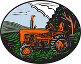 Vintage Tractor Farm Woodcut