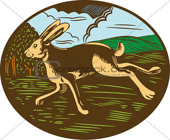 Wild Hare Rabbit Running Oval Woodcut