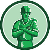 Green Builder Holding Hammer Circle Retro