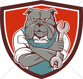 Bulldog Mechanic Arms Crossed Spanner Crest Cartoon 