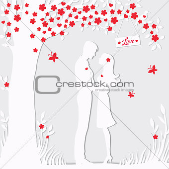 Illustration black silhouette of lovers embracing on a white background