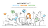 Illustration of vector modern line flat design customer service composition infographics elements with call center support team and its workplace