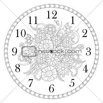 clock face decorated with doodle flowers on white background