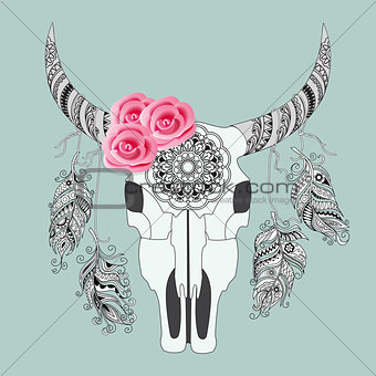 boho card with cow skull and rouses