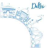 Outline Delhi skyline with blue landmarks and copy space.