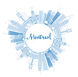 Outline Montreal skyline with blue buildings and copy space.