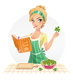 Beautiful girl cook food with cookbook