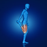 3D blue medical figure doing leg stretch