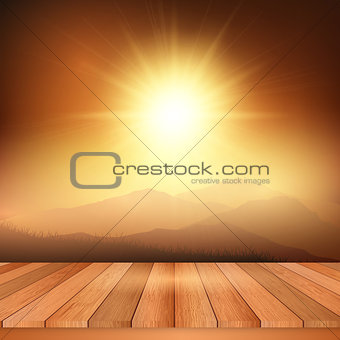 Wooden table looking out to sunny landscape