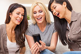 Interracial Group Three Women Friends Laughing Smart Phone