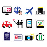 Travel and tourism, booking holidays icons set