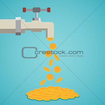 Golden coins fall out of the tap.