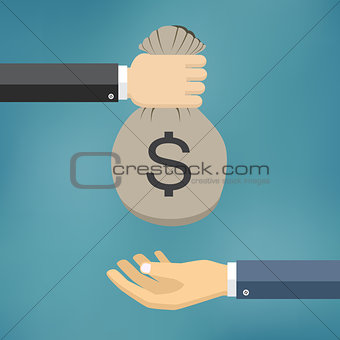 Human hand gives money bag to another person.