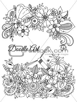 Vector illustration of floral frame zen tangle, doodling. Zenart, doodle, flowers, butterflies, delicate, beautiful.  Black and white. Adult coloring books anti-stress.