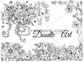 Vector illustration of floral frame zen tangle, doodling. Zenart, doodle, flowers, butterflies, delicate, beautiful.  Black and white. Adult coloring books anti stress.