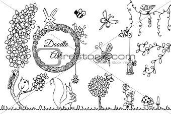 Vector illustration Zen Tangle wild nature. Doodle flowers, garden, forest. Coloring book anti stress for adults. Full page. Black white.