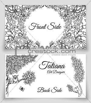 Vector template cards with doodles nature theme. Own and tree. Black white.