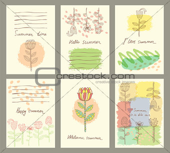 Vector set of six cute universal cards with hand drawn flower