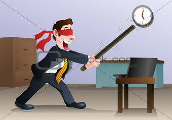 businessman hold stick try to hit laptop