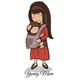 mom carrying a child using a handy device baby carrier, baby wearing and attachment parenting concept