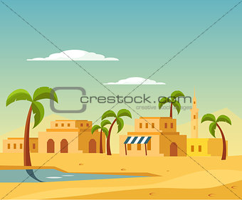 Oasis With The Town In Desert